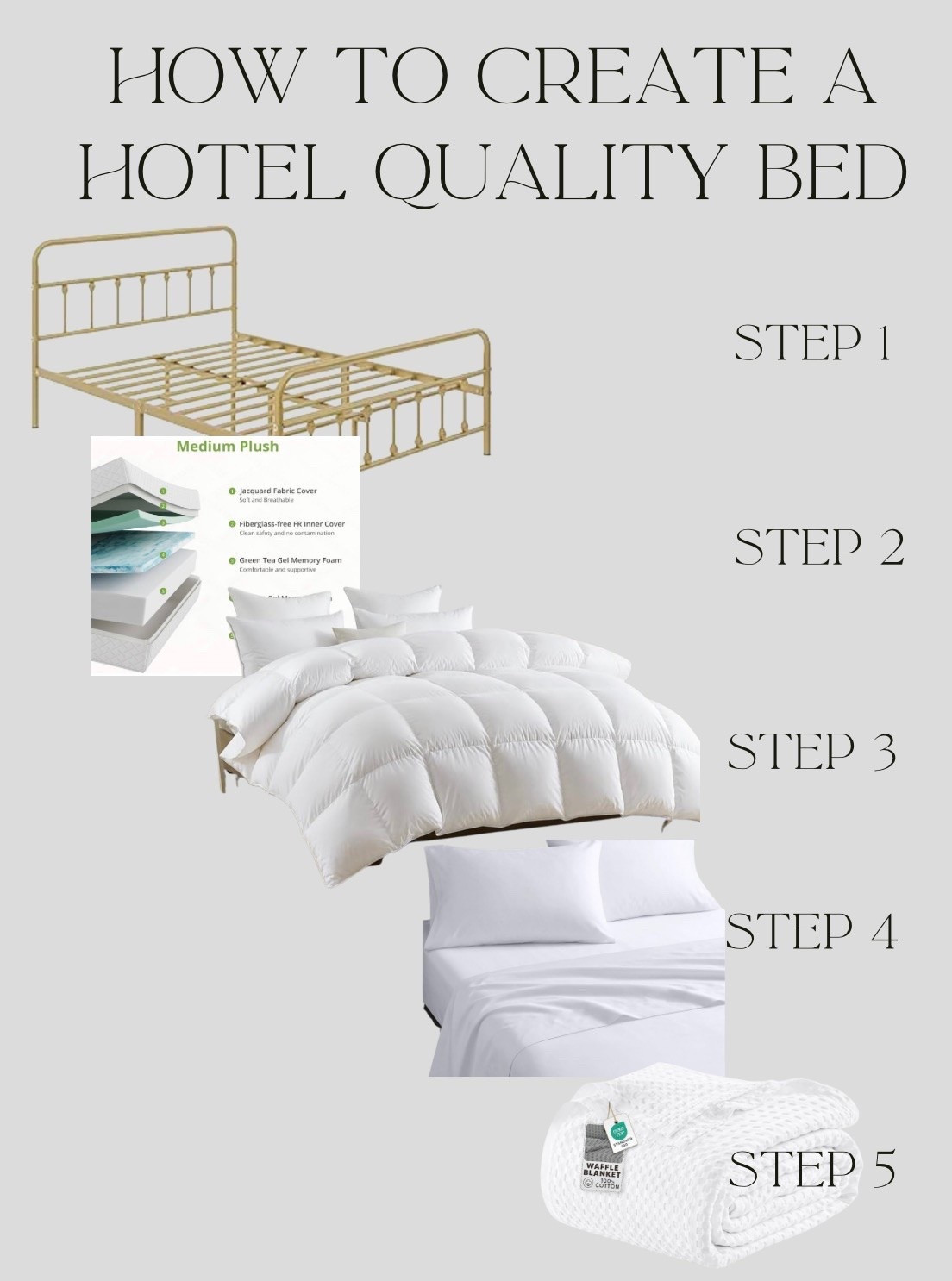 Creating a bedroom experience that feels like a hotel is easier and less expensive than you can imagine. This entire selection is just over $500 (bed frame and mattress included)

1) Metal Bed frame $110
2) Mattress $250
3) Sheets $36
4) Duvet insert $97
5) Top Blanket $32

For years, I tried duvet covers and hated how they folded over and got bunched up in the cover, but using this layered method is what they use at many hotels and it is my favorite way to style my bed effortlessly.

Also, let me mention that as an influencer I’ve been gifted many comforters over the years and this one by DWR Duvets is by far the best one I’ve owned for the quality. 

DWR Luxury King Down Feather Fibers Comforter, Ultra-Soft Cotton Blend Fabric, Medium Weight for All Season Hotel Style Fluffy Duvet Insert with Ties (106x90 Inches, White)
Utopia Bedding 100% Cotton Waffle Blanket Queen Size White, 90x90 Inch 
Lightweight Breathable Cozy Summer Bed Blanket Home Decor Gift for Women and Men
Soft Natural 100% Cotton Sateen Queen Sheets, 4 Pc Set, Bright White 
Backed by Good Housekeeping Seal, Light & Breathable For Hot Sleepers, 14" Deep Pocket, All-Around Elastic, Durable
Yaheetech Queen Bed Frame with Headboard, Victorian Vintage Antique Gold 
Easy-to-assemble sturdy metal frame for noiseless sleep; no box spring needed, provides spacious 12.6in under-bed storage
EGOHOME Queen Mattress 12 Inch, Green Tea Memory Foam Mattress, Medium Firm 
Bed Mattress in A Box, Cooling Green Tea Gel, Pressure Relief, CertiPUR-US Certified, Fiberglass Free, 80''L x 60''W, White

#hotelbedding #hotelquality #bedding #sheets #duvetinsert #metalbedframe #mattress #blanket #qualitybedding #bedroomstyle #bedroomsheets #queenbed #queensheets #sparebedroom #guestbedroom

#LTKmorningroutine #LTKHome #LTKselfcare