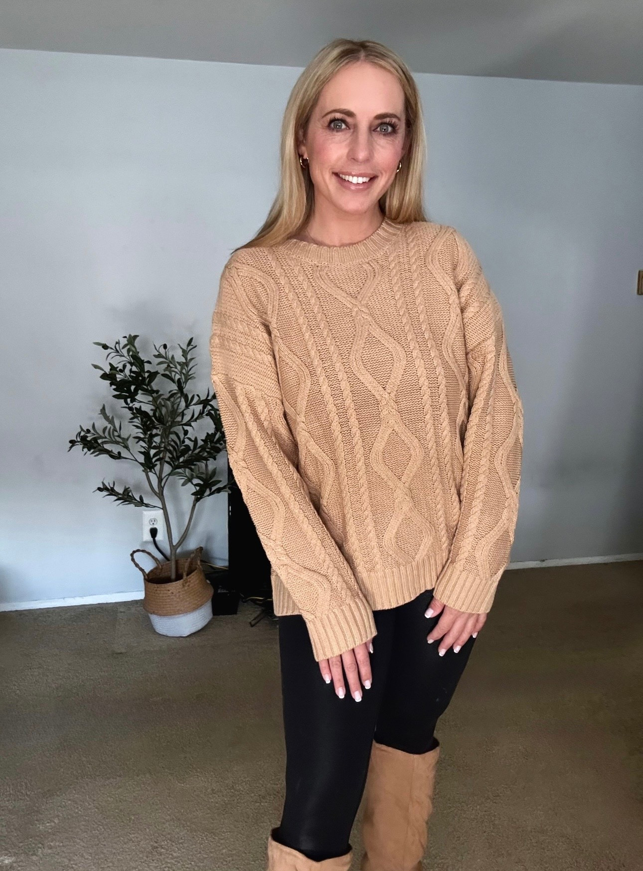 Neutral fall outfit. Wearing L in cable knit sweater, XL in leggings and 9.5 in boots. 

#LTKMidsize #LTKSeasonal #LTKFindsUnder50