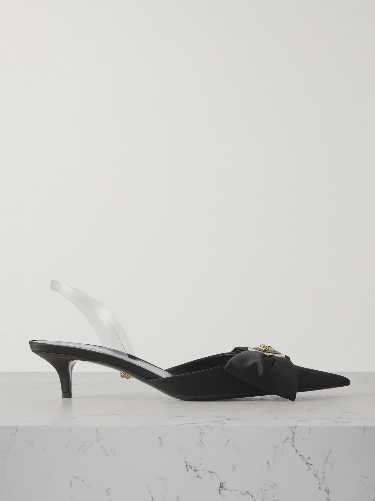 Versace - Medusa Bow Embellished Rubber-trimmed Satin Slingback Pumps - Black | NET-A-PORTER (US)