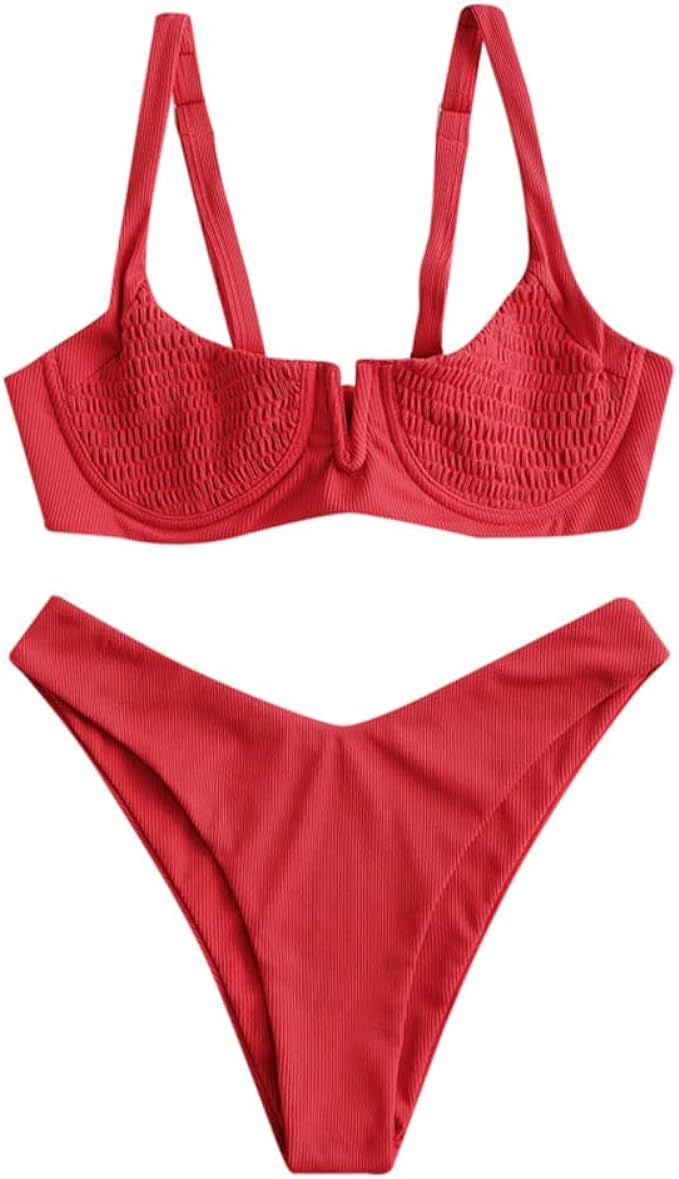 ZAFUL Women's Ribbed Underwire Bikini High Cut Bikini V Notch Smocked Swimwear Butterfly Print Hi... | Amazon (US)