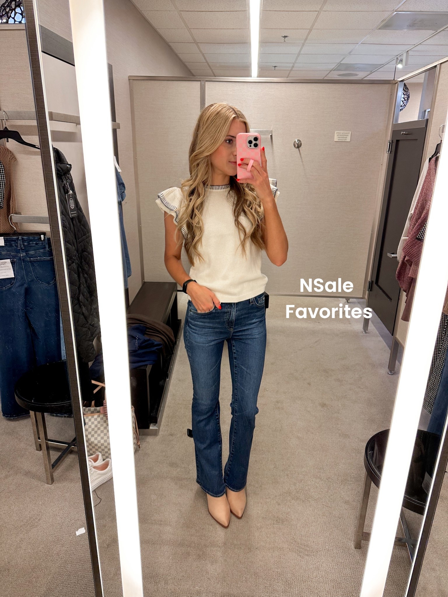 Dressing room fave 🤍✨
This ruffle sleeve knit top + dark wash denim combo is giving classic with a twist! The subtle stripe detail on the sleeves is SO cute, and these jeans are super flattering  👖

📍Perfect for work, church, dinner out

#LTKFindsUnder100 #LTKSaleAlert #LTKStyleTip