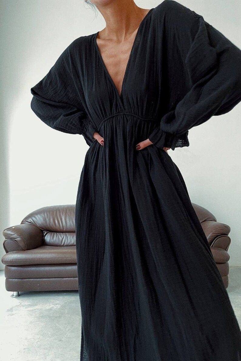 Long Sleeve Cotton Black/gray Bohemian Summer Dress Boho | Etsy | Etsy (US)