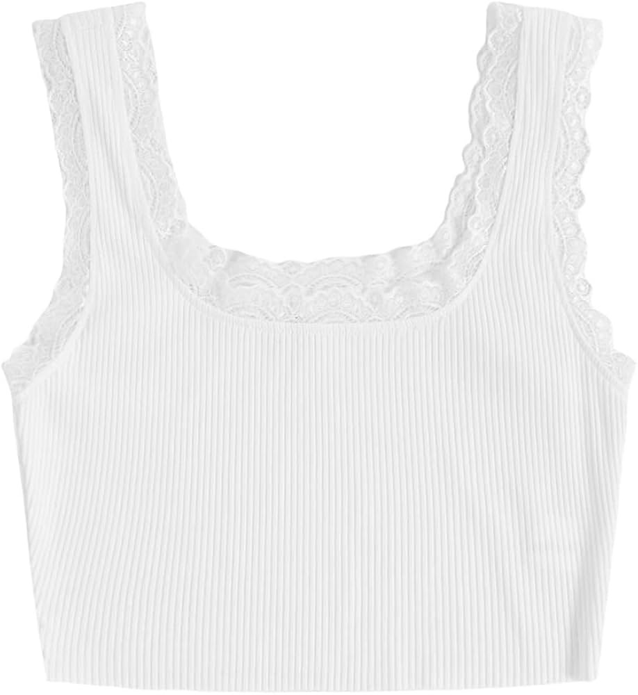 SweatyRocks Women's Sleeveless Scoop Neck Lace Trim Ribbed Knit Crop Cami Tank Top Solid | Amazon (US)