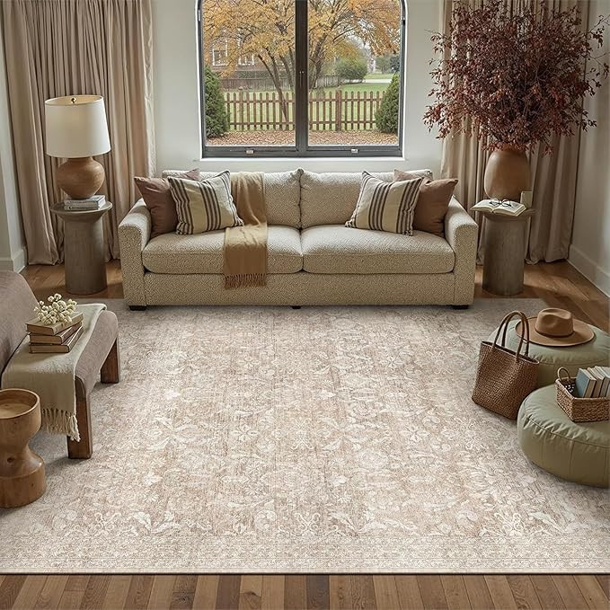 Beige Area Rug 5x8 Washable Neutral Living Room Vintage Non Slip Carpet Low Pile Soft Thin Indoor... | Amazon (US)