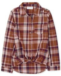 Girls Long Sleeve Plaid Twill Tie Front Button Down Shirt | The Children's Place | The Children's Place