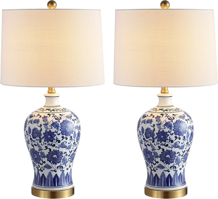 JONATHAN Y 25.75" Blue and White Ceramic Ginger Jar LED Table Lamp Set of 2, Traditional Brass Go... | Amazon (US)