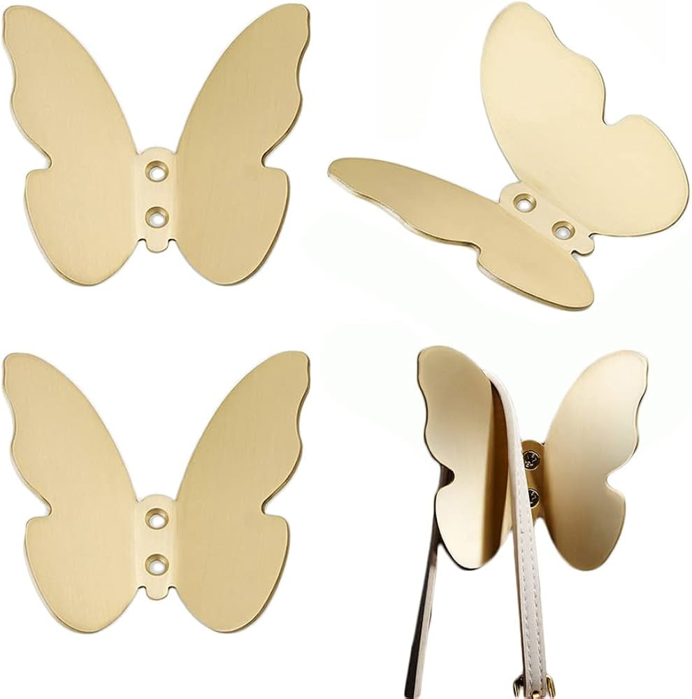 3 PCS Brass Butterfly Hooks with Screws, Decorative Wall Mounted Hooks Hat Rack Robe Hook for Bat... | Amazon (US)