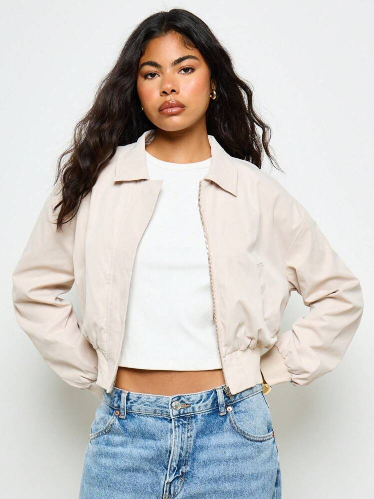 AiiRZ Lightweight Cropped Bomber Jacket Classic Zip Up Stand Collar All Season Modern Minimalist Style Long Sleeve Elastic Ribbed Hem Casual Contemporary Daily Wear Fashion Essential | SHEIN