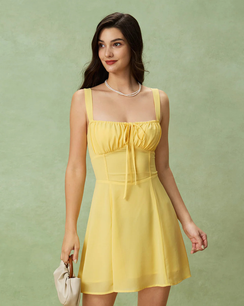 Yellow Square Neck Ruched Mini Dress | rihoas.com