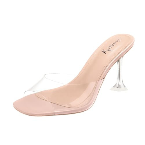 vivianly Womens Clear Heels Sandals Transparent Peep Toe Mules Backless Stiletto High Heels Slip on Heeled Slipper Dress Shoes size 9 | Amazon (US)