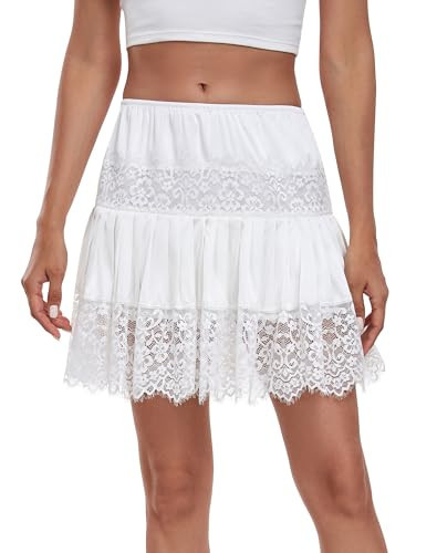 MOSCOAL Lace Slip Skirt for Women Half Slips for Under Dresses Y2K Pleated Ruffle Lace Mini Skirt Extender Underskirt White Large | Amazon (US)