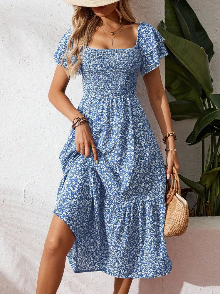 SHEIN Clasi Square Neck Ditsy Floral Casual Summer Short Sleeve Dress Maxi Vacation Beach Outfits... | SHEIN