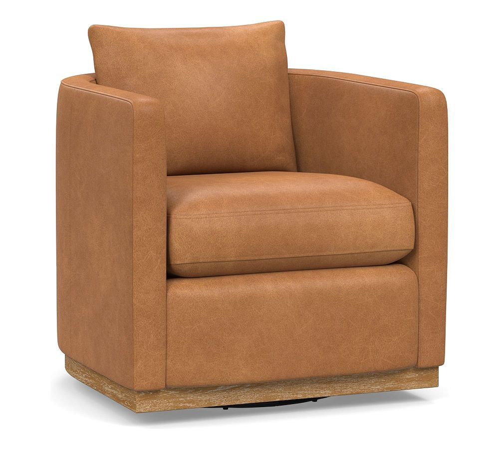 Ayden Barrel Leather Swivel Armchair with Wood Base | Pottery Barn (US)