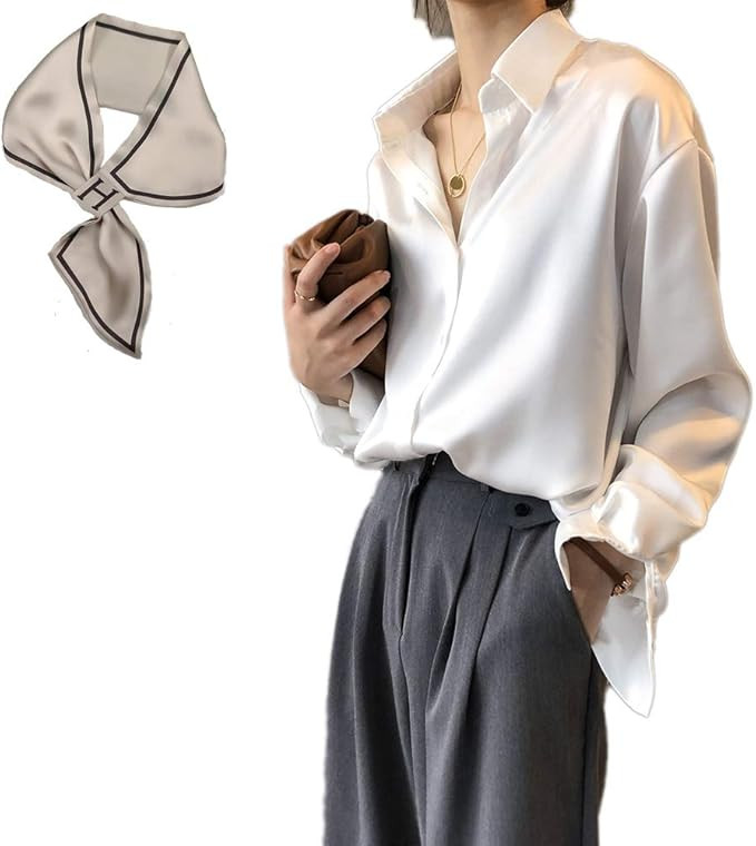 Pantete Womens Satin Silk Button Down Shirt Long Sleeve Casual Office Blouse Top Breathable & Sil... | Amazon (US)