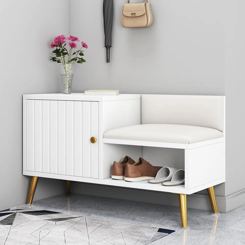 White Contemporary Upholstered Shoe Rack Bench with Storage Cabinet and Shelf Entryway-Homary | Homary.com