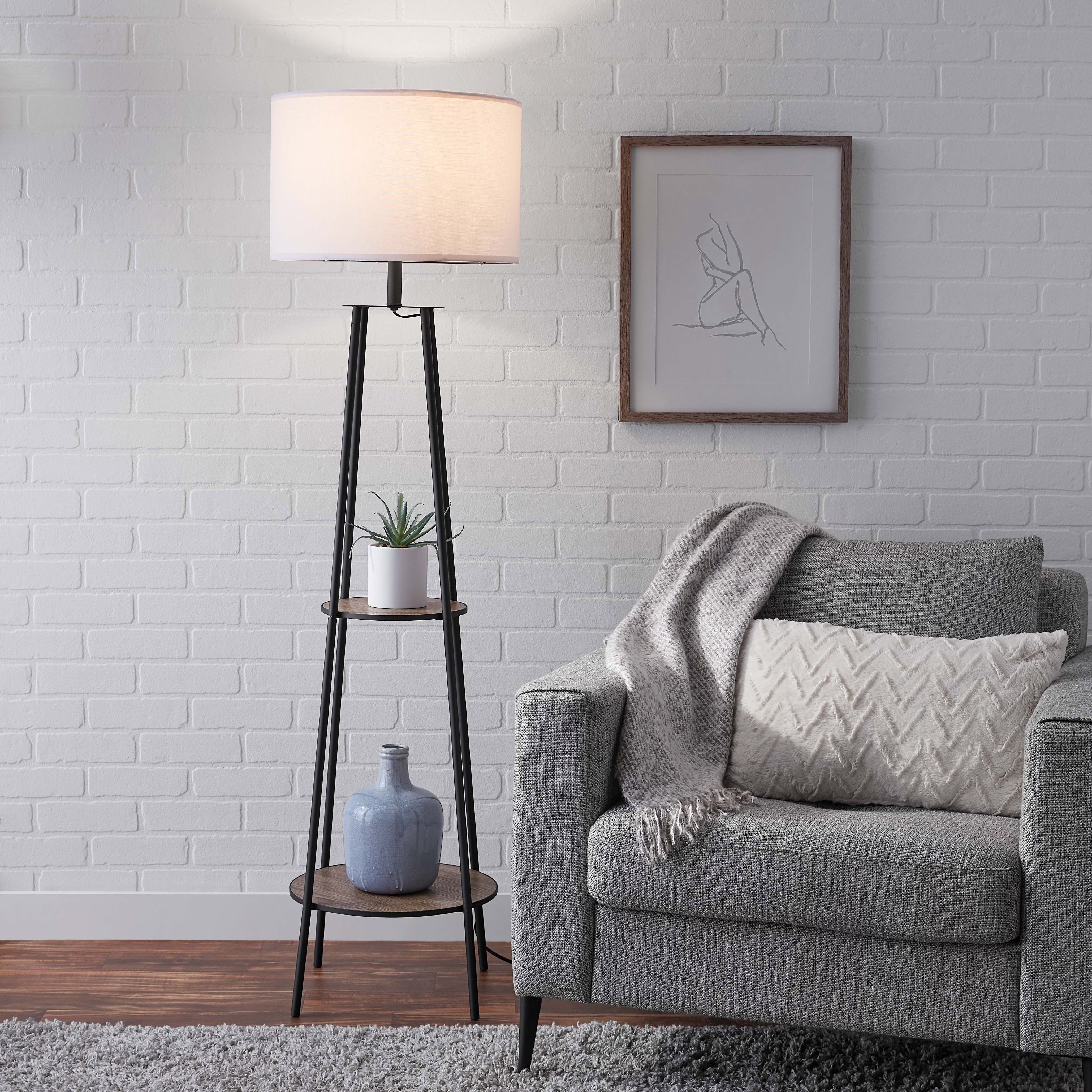 Mainstays Etagere Matte Black Floor Lamp, with 2 Wood Shelves, Black Color | Walmart (US)