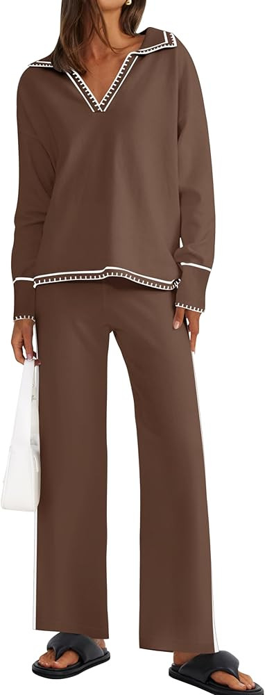 ZESICA Women's 2 Piece Fall Outfits Long Sleeve V Neck Knit Sweater Tops Wide Leg Pants Sweatsuit... | Amazon (US)