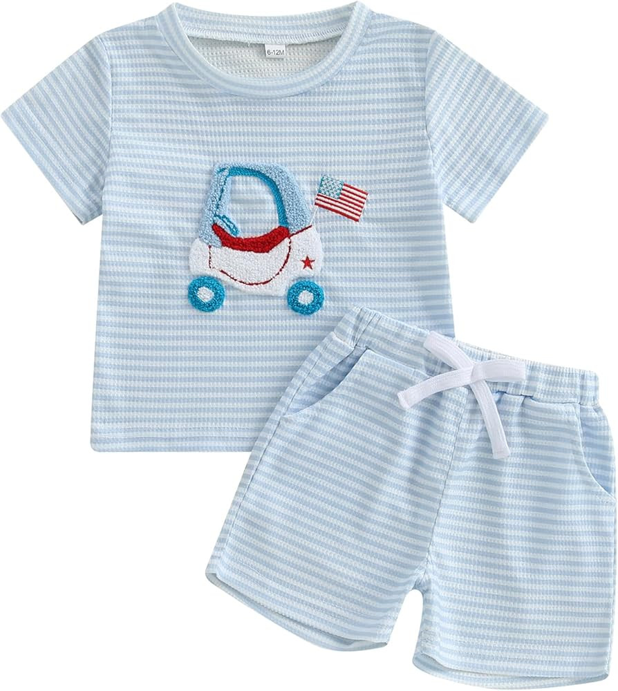Toddler Baby Boy 4th of July Outfit Stars Stripes Cart Embroidery Short Sleeve T Shirt Shorts Set... | Amazon (US)
