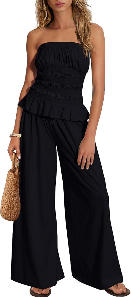 ReachMe Womens 2 Piece Summer Vacation Outfits Strapless Smocked Top & Wide Leg Pants Set with Po... | Amazon (US)