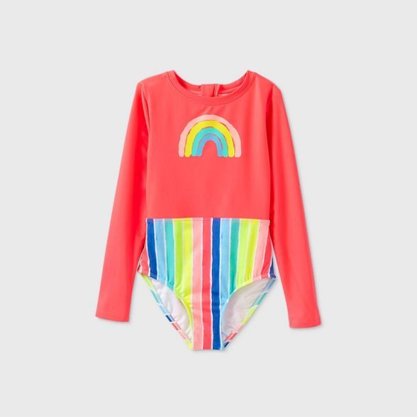 Girls' Long Sleeve Rainbow Striped Back-Zip One Piece Swimsuit - Cat & Jack™ | Target