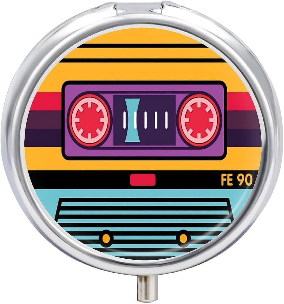 Retro Cassette Tape Small Round Metal Pill Box with Mirror, 3 Compartment Pocket Pill Case, Porta... | Amazon (US)
