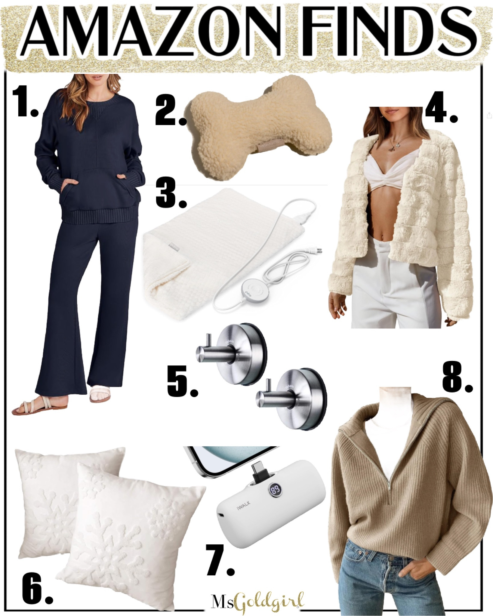 Here’s what I ordered recently from Amazon:
1. I LIVE in this lounge set in the light grey so I ordered a 2nd set in navy. Runs TTS-Small
2. This new line of dog toys & accessories looks super cute AND well made-ordered the bone for aggressive chewers.
3. I LOVE this extra long heating pad. You can wash the faux fur cover too!
4. Ordered this faux fur jacket to go with some holiday party outfits.
5. Added these to my glass shower doors to hang my robe and towels.
6. These snowflake pillow covers (insert not included) are great to keep out ALL winter long-not just for one holiday!
7. Needed a USB-C version for my new iPhone 15 Pro Max. LOVE this charger!
8. Just ordered this half zip sweater-can’t wait to wear it!

#amazonfinds #loungewear #dogtoys #dogmom #fauxfur #amazonhome #amazonfashion #winteroutfits #falloutfits 

#LTKhome #LTKfindsunder50 #LTKover40