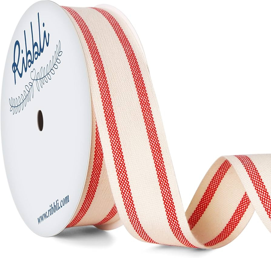 Ribbli Natural Cotton Stripe Ribbon,1 Inch x 10 Yard Spool,Natural/Red,Christmas Ribbon,Use for G... | Amazon (US)