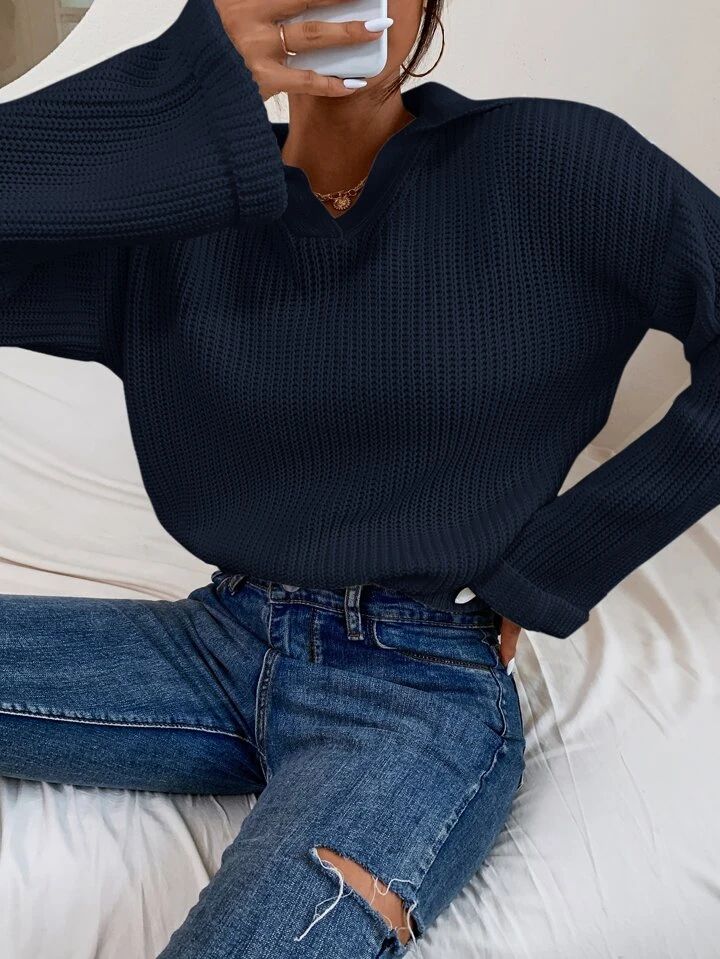 SHEIN EZwear Ribbed Knit Drop Shoulder Sweater | SHEIN