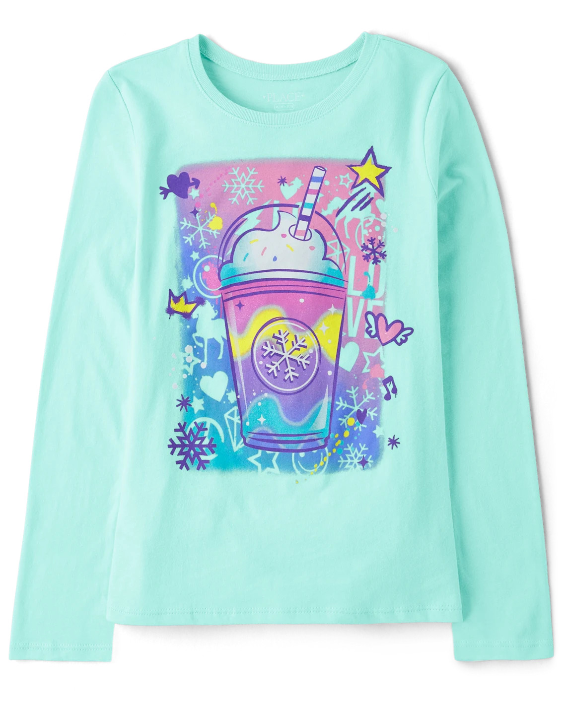 Girls Long Sleeve Winter Tie-Dye Drink Graphic Tee - MELLOW AQUA | The Children's Place CA | The Children's Place