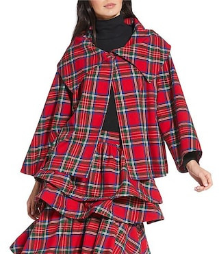 Buru Grace Tartan Printed Brocade Oversized Point Collar 3/4 Sleeve Cropped Coat | Dillard's | Dillard's