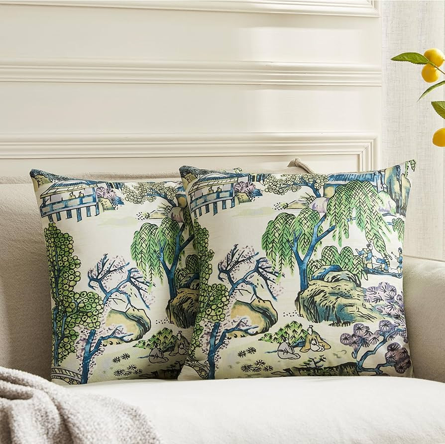 Pack of 2, Chinoiserie Pillow Cover 18 x 18 Inch Asian Scenic Purple and Green Throw Pillow Cover... | Amazon (US)