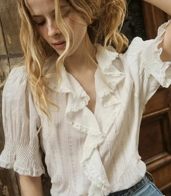 DÄ?EN Henri Top -- Salt - Size - Xxs Cotton Button Up Feminine Victorian | DOEN