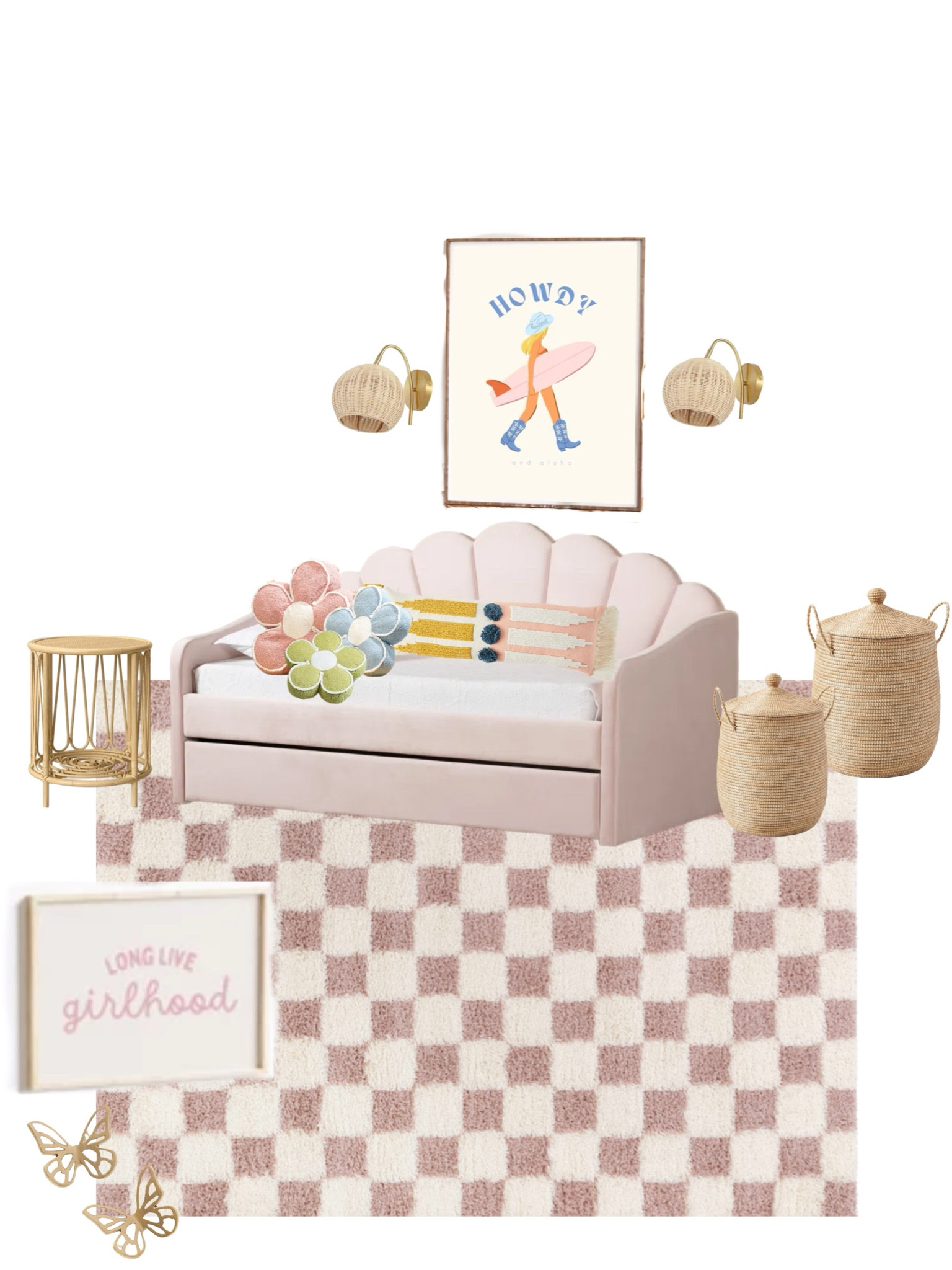 Harlyn’s room design! Hopefully it all be finished soon!! 

Tween room, cowboy print, surf print, checkered rug, flower pillows, girl room 