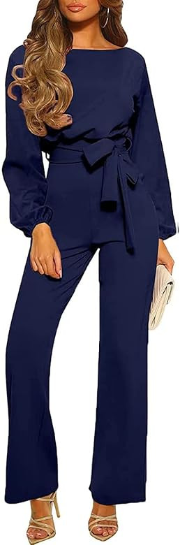 STOLKISS Women’s Casual Jumpsuits Loose Fit Belted Dressy Long Sleeve Crewneck Autumn Jumpsuit ... | Amazon (US)