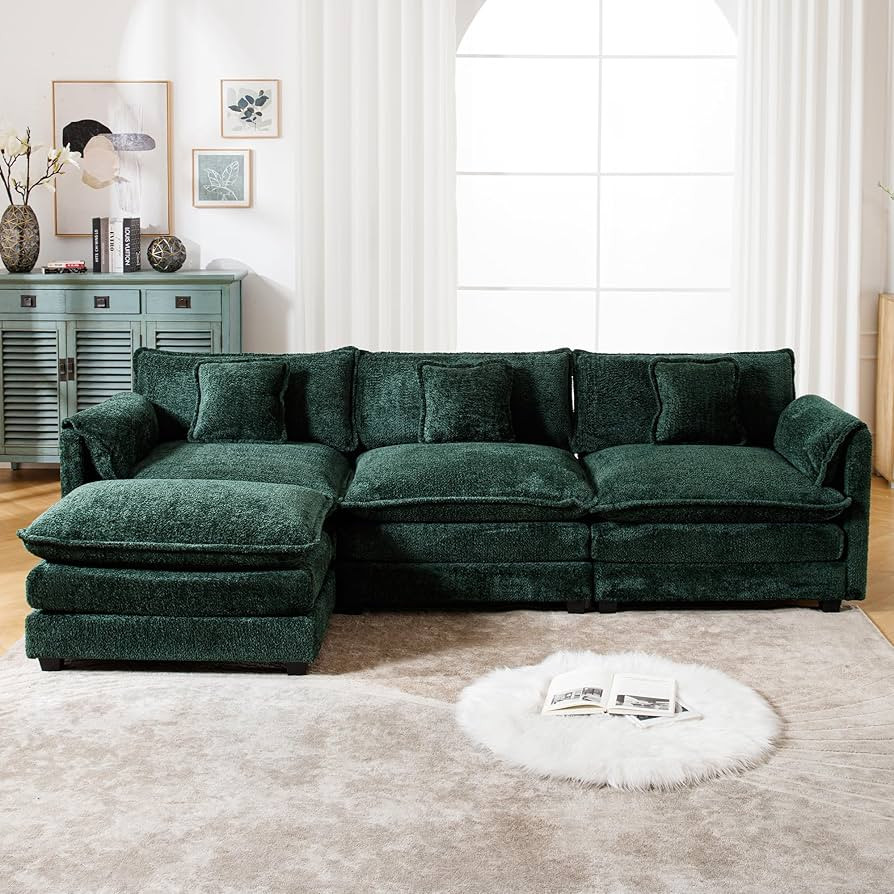 GNIXUU 112" Green L Shaped Sectional Couch, Modern Chenille Cloud Modular Sofa with Ottoman, Comf... | Amazon (US)