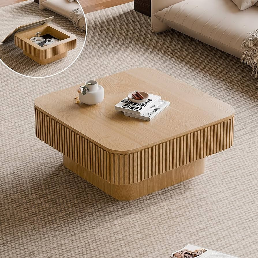 Square Small Coffee Table with Storage, Modern Wooden Coffee Table with Solid Wood Veneered, Flut... | Amazon (US)
