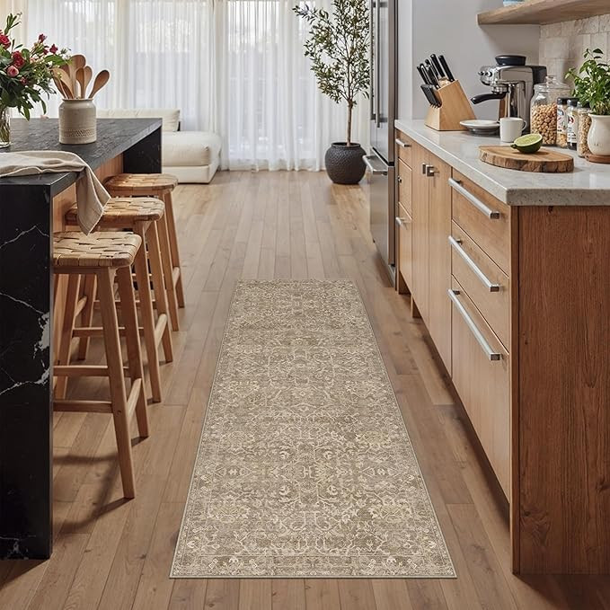 HUGEAR 2x6 Runner Rug Hallway Light Brown Machine Washable Vintage Floral Low Pile Carpet Vacuuma... | Amazon (US)