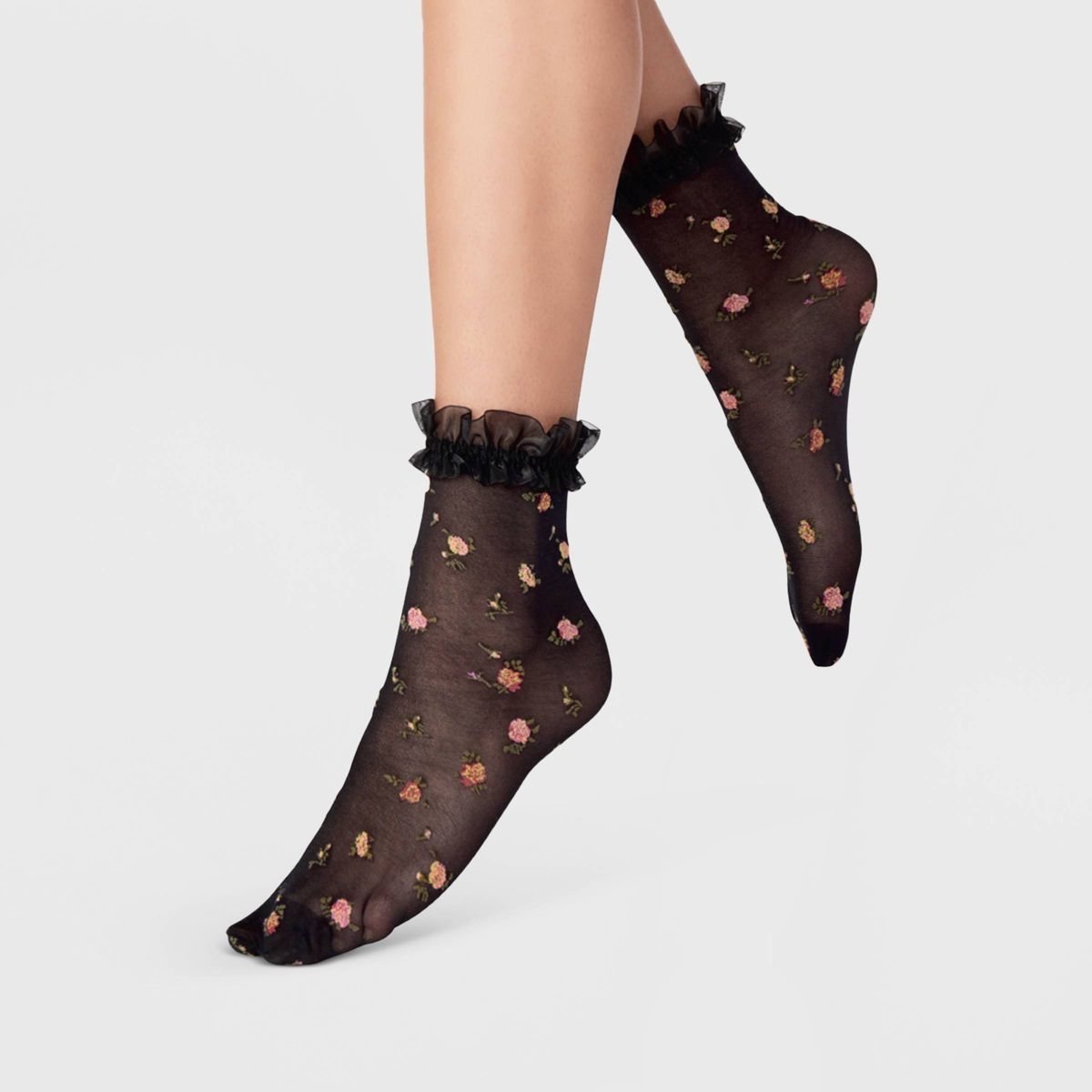 Women's Floral Print Sheer Anklet Socks with Ruffle - A New Day™ Black/Pink 4-10 | Target