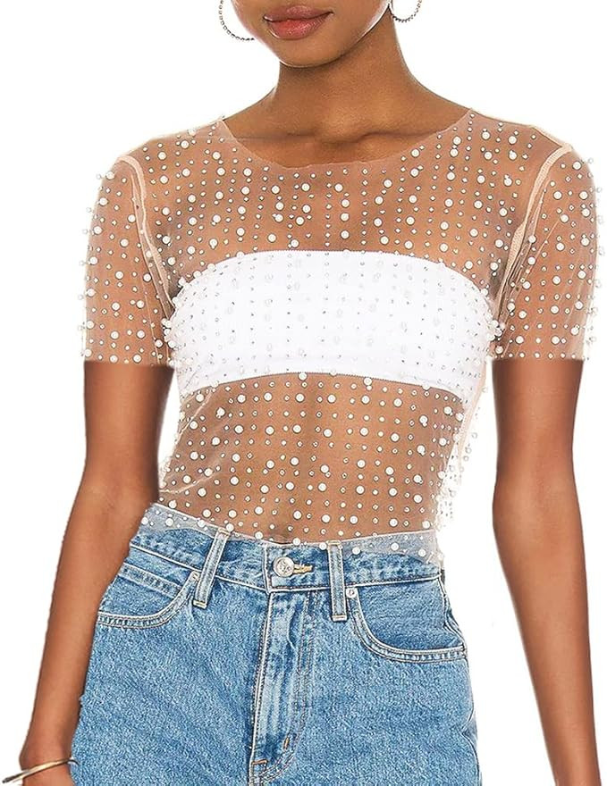 Women Pearl Rhinestone Sheer Mesh Crop Tee Top Sexy See Through Short Sleeve Slim Fit Crop T-Shir... | Amazon (US)