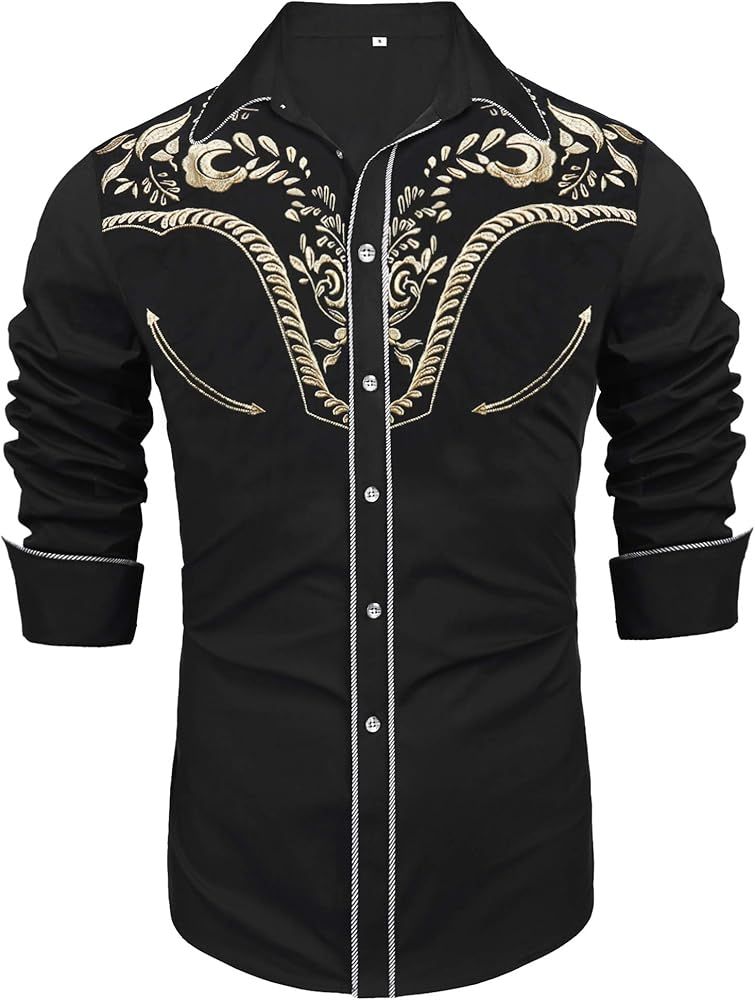 Daupanzees Men's Long Sleeve Embroidered Shirts Slim Fit Casual Button Down Shirt | Amazon (US)