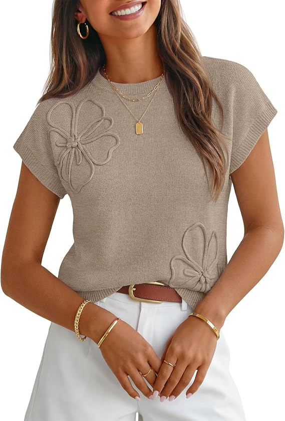 MEROKEETY Women's Fall Floral Short Sleeve Sweaters Cute Trendy Work Tops | Cap Sleeves, Lightwei... | Amazon (US)