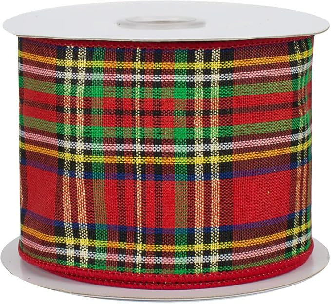 Christmas Plaid Tartan Wired Ribbon - 2 1/2" x 10 Yards, Red, Green, Gold, Blue, Winter Decor, Gi... | Amazon (US)