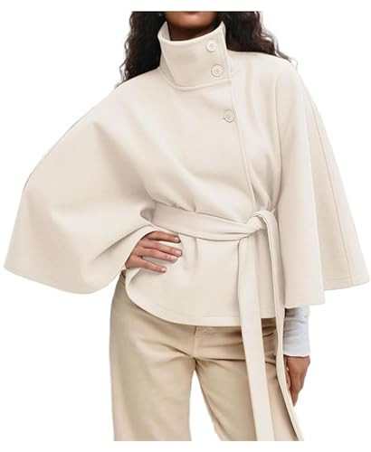 OPCAKM Women's Batwing Sleeve Poncho Coat Oversized Winter Pea Coat Stand Collar Cropped Cape Jacket with Belt(Beige-S) | Amazon (US)