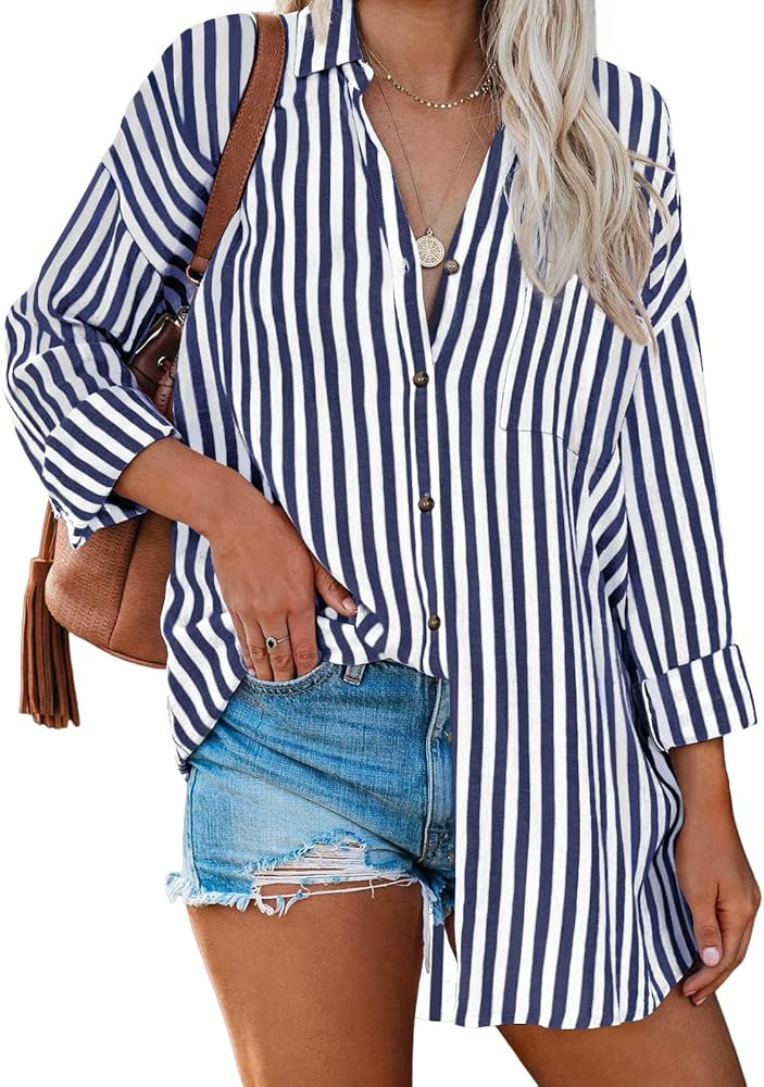 LILLUSORY Striped Button Down Shirts for Women 2025 Summer Long Sleeve Tops Work Blouses Vacation... | Amazon (US)