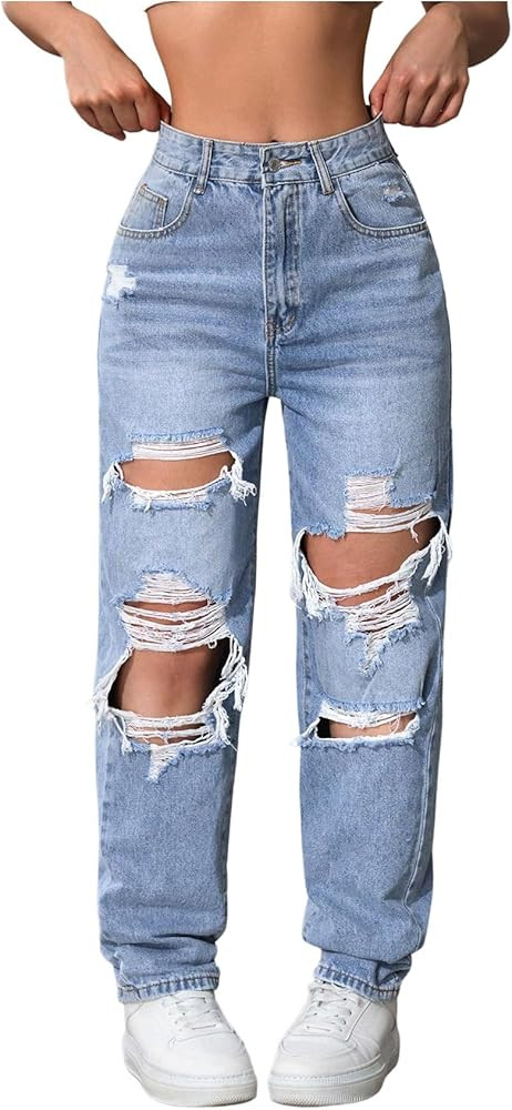 Floerns Women's High Waisted Distressed Jeans Straight Leg Casual Ripped Denim Pants | Amazon (US)