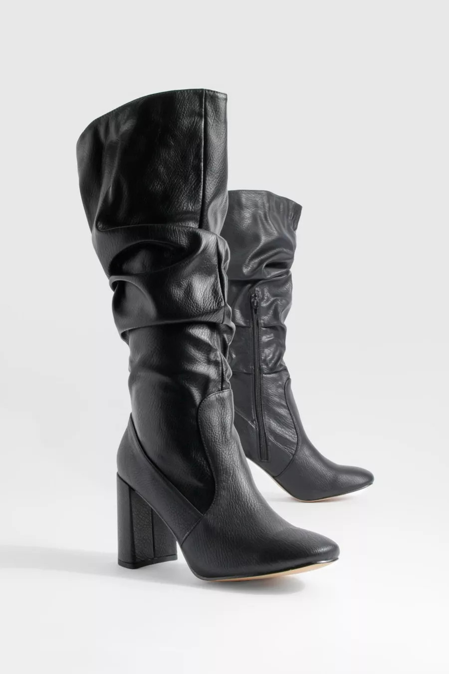 Slouchy Knee High Block Heel Boots | Boohoo.com (UK & IE)
