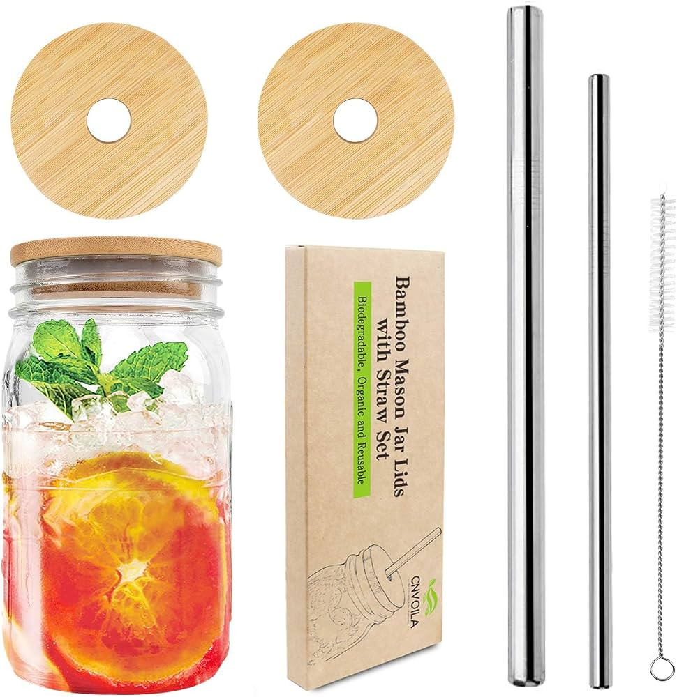 Mason Jar Lids with Straw Hole, Bamboo Lids for Beer Can Glass, CNVOILA ECO Reusable Bamboo Mason... | Amazon (US)