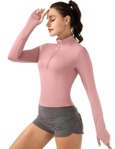 GGOV Crop Tops Women's Long Sleeve Workout Shirt with Half Zip Closure, Slim Fit, and Buttery-Soft Fabric Pink L | Amazon (US)