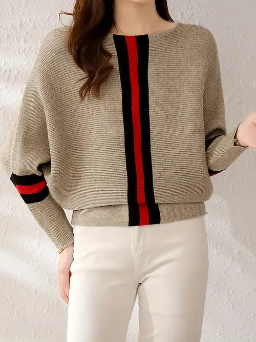 Color Block Boat Neck Knit Sweater Elegant Long - Temu | Temu Affiliate Program