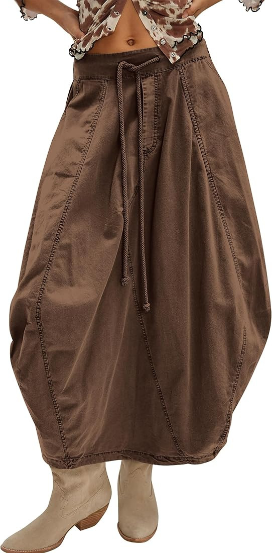 Women Poplin Midi Skirt Baggy Drawstring Mid Rise Parachute Skirt Y2k Cargo Maxi Long Skirt with ... | Amazon (US)